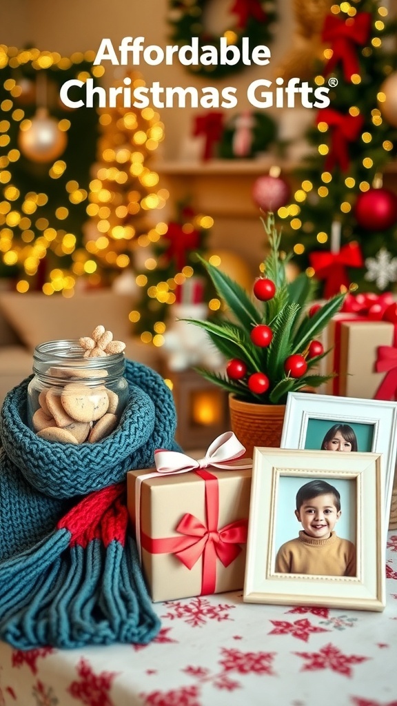 A festive arrangement of budget-friendly Christmas gifts including cookies, a scarf, a plant, and a photo frame.